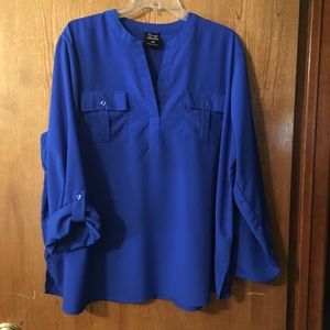Blue Tabbed Sleeve, V-Neck Blouse, size 2X